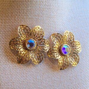 Vintage Gold Earrings Filigree Metal Flowers Aurora Borealis Rhinestones Mod